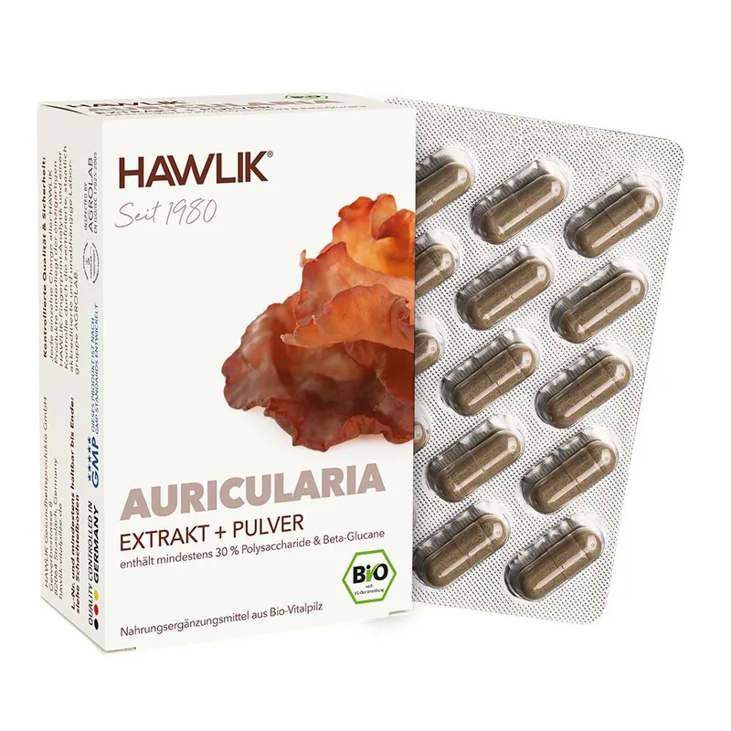 Capsules d'extrait et de poudre d'auricularia biologique HAWLIK - 120